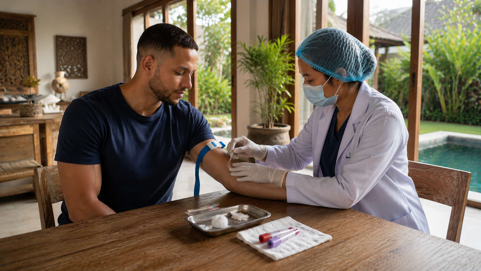 A certified nurse completing an at-home blood draw for a client at a Bali villa