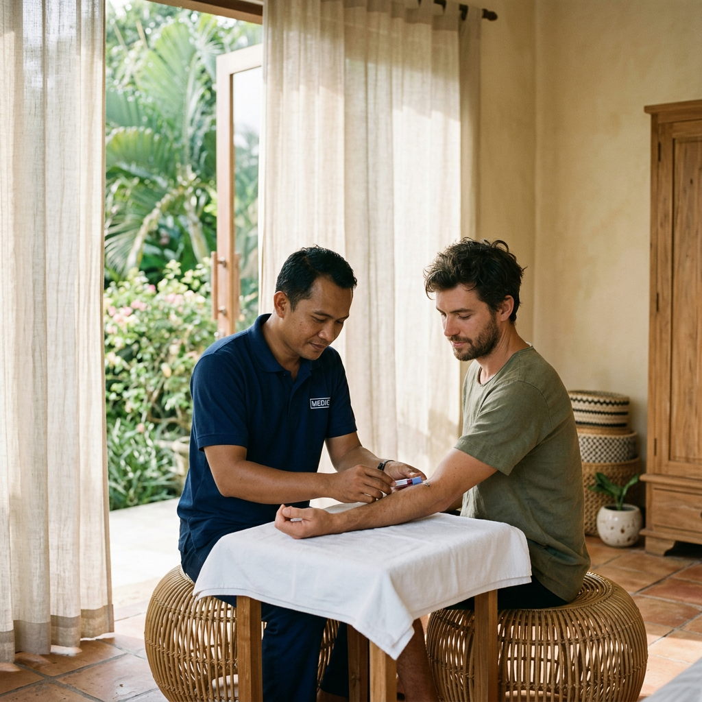 Certified nurse performing an at-home blood draw in a Bali villa