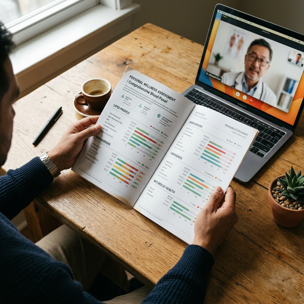 Man reviewing his personalised FORM blood-test report on a video call with a doctor