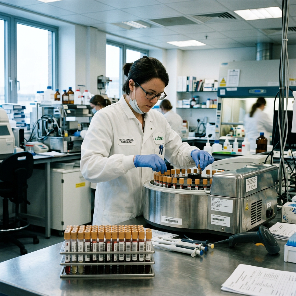Scientist processing blood samples at an accredited pathology lab