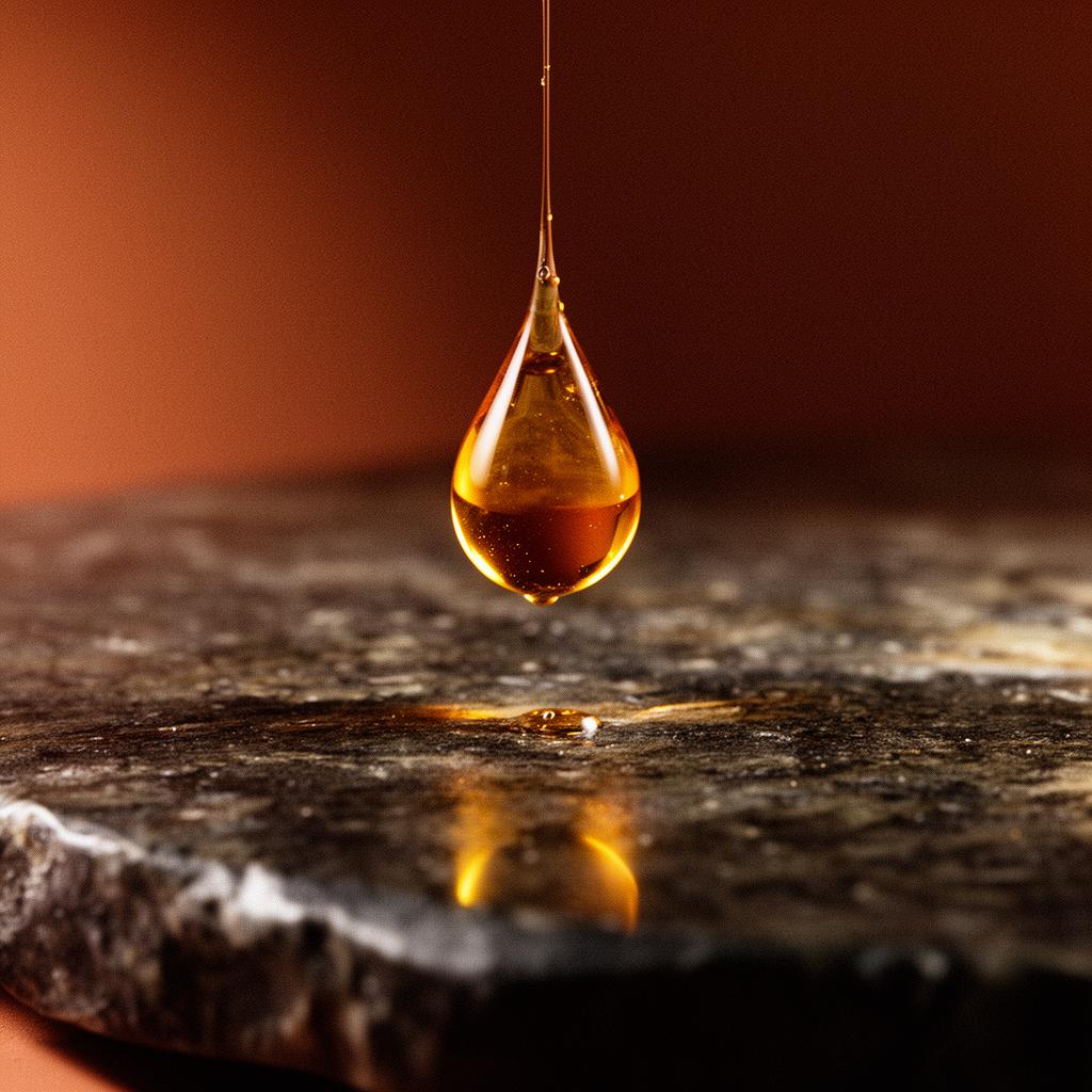 Golden oil droplet on dark stone — hormonal health