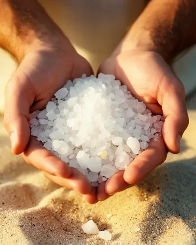 Hands holding sea salt crystals — nutrient panel