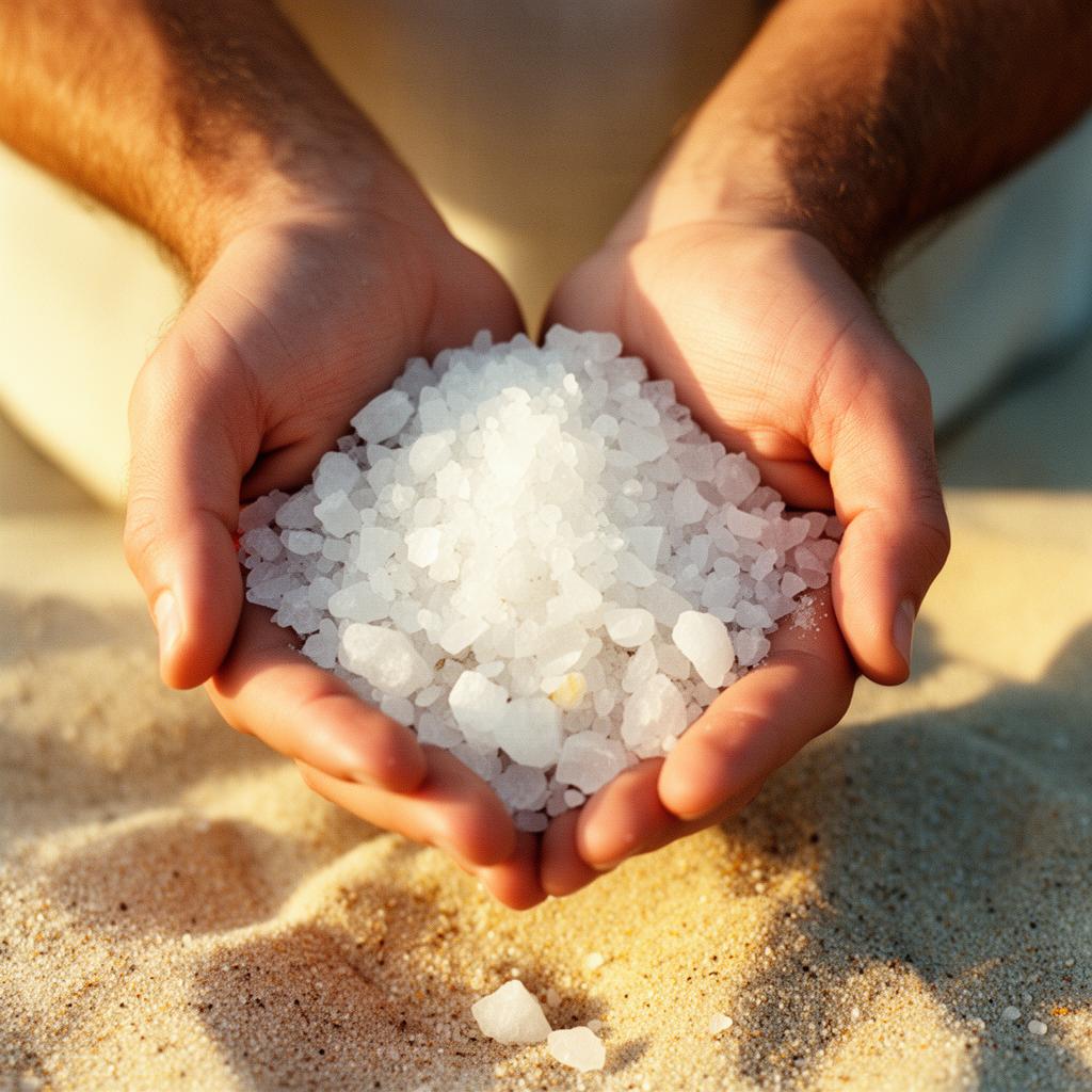 Hands holding sea salt crystals — nutrient panel