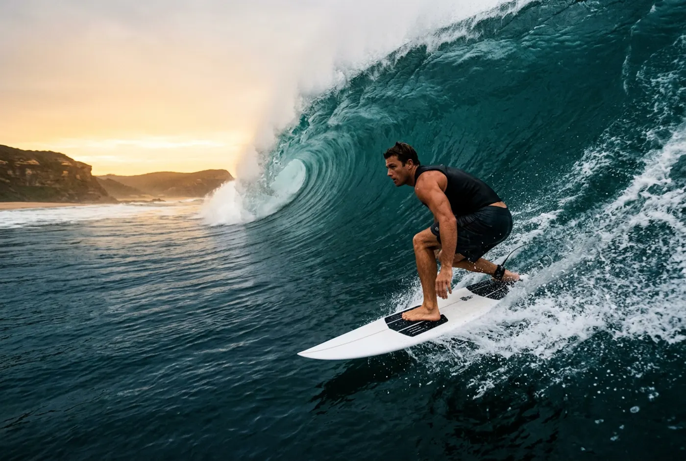 Australian surfer riding a powerful wave at dawn